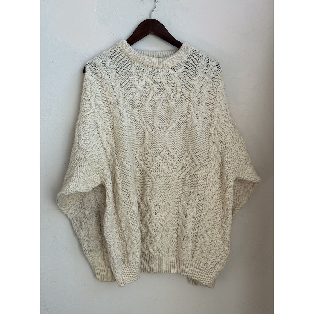 Aran Crafts Fisherman Sweater Ivory 100% Wool XL Ireland‎ Cable Knit Pullover
